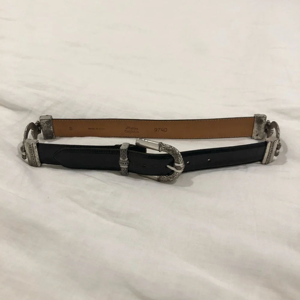 Vintage 1990s Black Leather Belt with Etched Silver